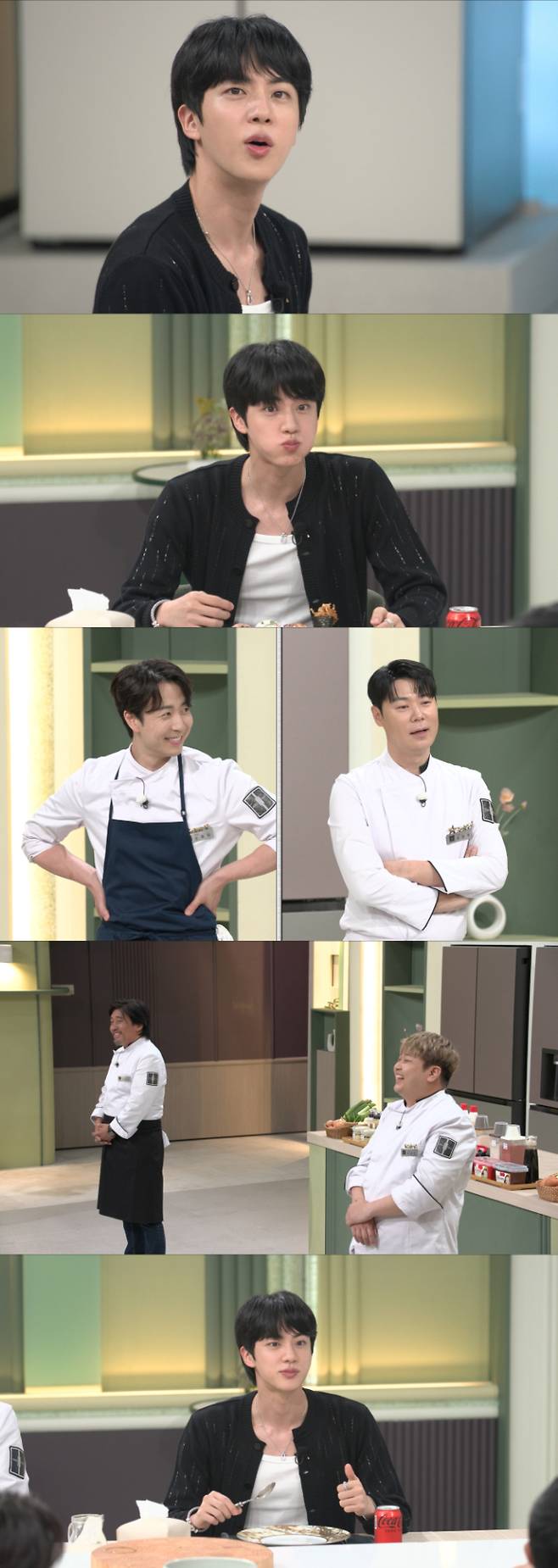 JTBC '냉장고를 부탁해'(냉부해)에 방탄소년단(BTS) 진이 출연해 자신의 냉장고를 공개했다. 이날 방송에서는 진의 냉장고 재료를 활용한 두 번의 15분 요리 대결이 펼쳐졌다. 첫 번째 대결은 양식 전문인 최현석과 손종원 셰프의 초밥 대결이었다. 손종원이 숨겨왔던 이력을 공개하자 최현석은 평소와 달리 긴장하는 모습을 보여 웃음을 주었다. 두 셰프가 완성한 화려한 초밥에 진은 "도달할 수 없는 경지"라며 감탄했다. 두 번째 대결은 스스로를 '물회 홍보 협회 회장'이라 칭하는 진을 위한 물회 요리였다. 에드워드 리와 윤남노 셰프는 각각 상식을 깨는 파격적인 재료로 물회를 만들어 모두를 놀라게 했다. 시식 후 진은 에드워드 리의 요리에 "그 재료가 신의 한 수"라고 평했고, 최현석은 윤남노의 요리에 "냉부해 최고의 요리"라며 극찬했다. 월드 스타의 입맛을 사로잡은 최고의 셰프가 누구일지 결과에 관심이 모아졌다.