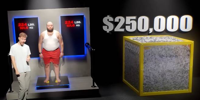 친구가 1년 내 45kg 감량에 성공할 경우 25만 달러를 주는 챌린지를 설명하는 미스터비스트. 사진=미스터비스트 유튜브