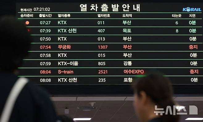 [서울=뉴시스] 이영환 기자 = 집중 호우에 따른 경부 일반선, 장항선, 서해선 열차운행이 일시 중지된 17일 오전 서울 용산구 서울역에 운행 중지 안내가 표시되고 있다. 2025.07.16. 20hwan@newsis.com