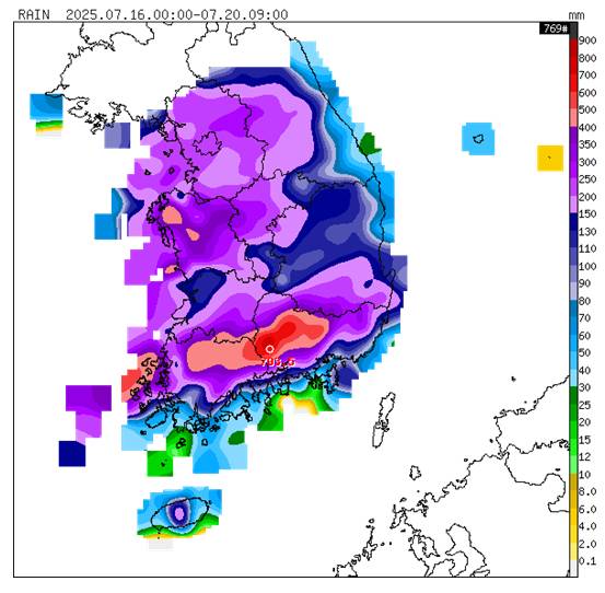 7월 16일~20일 누적 강수량 분포도 [기상청 제공]