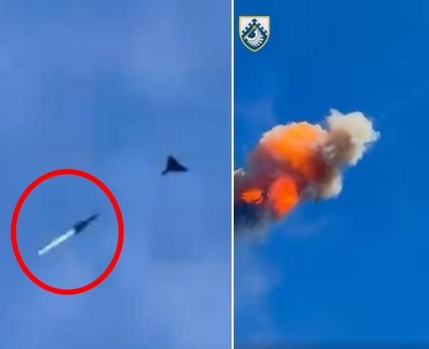 우크라이나 북부 상공에서 우크라이나 공군이 보낸 요격기가 러시아군의 샤헤드-136 공격 드론과 충돌하는 모습. 우크라이나 공군 사령부 페이스북 캡처