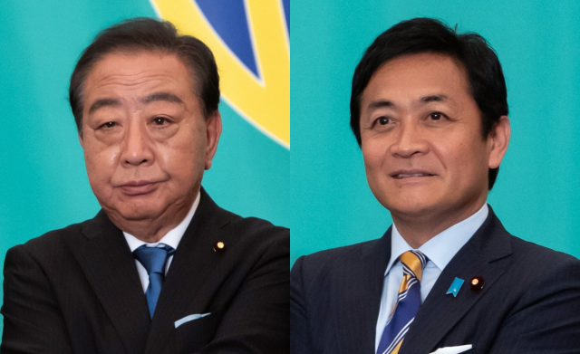 노다 요시히코(왼쪽) 입헌민주당 대표와 다마키 유이치로 국민민주당 대표. 연합뉴스