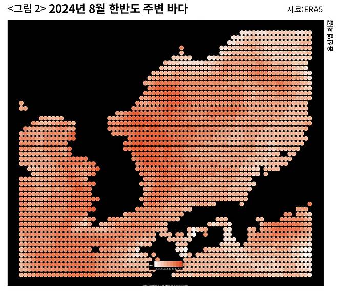 <그림 2> 한반도 인근 바다의 2024년 8~9월과 최근 30년(1991~2020년)의 같은 기간 평균 수온 차이를 표시한 지도. 온도가 떨어졌으면 파랗게, 올랐으면 빨갛게, 온도 차이가 클수록 진하게 칠했다. ⓒ윤신영