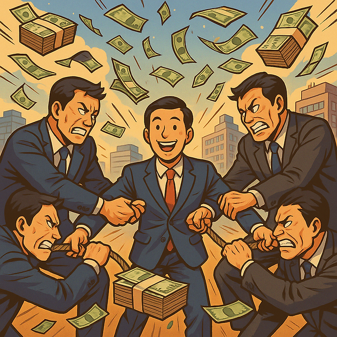 거액의 인센티브를 지급하며 보험 설계사를 스카우트하려는 보험 GA를 주제로 생성형 AI가 만든 이미지 [챗GPT]