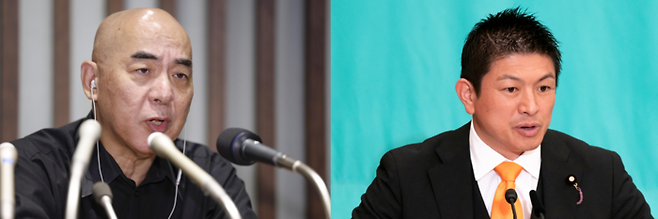 햐쿠타 나오키 일본 보수당 대표(왼쪽)와 카미야 소헤이 참정당 대표(오른쪽)