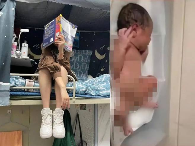 기숙사에서 시험 공부를 하던 여대생이 2층 침대에서 4.5㎏ 우량아를 출산했다. 사진은 지난 19일(현지시각) 사우스차이나모닝포스트의 보도 중 일부./사진=SCMP 캡처