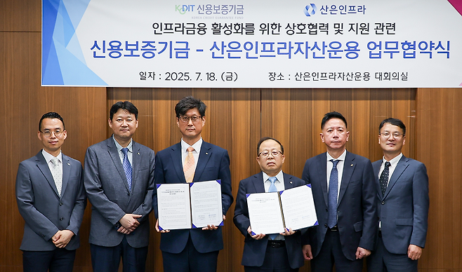 이영우(왼쪽 세 번째부터) 신용보증기금 이사와 장병돈 산은인프라자산운용 대표이사 등이 지난 18일 산은인프라자산운용 본점에서 열린 ‘인프라금융 활성화를 위한 상호협력 및 지원에 관한 업무협약’을 체결한 후 기념촬영을 하고 있다. [신보 제공]