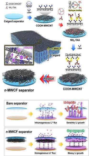 사진은 층상자기조립법을 이용한 CNT 리튬 금속 배터리 초박막 인터레이어 제작 방법 모식도. (사진=고려대 제공) *재판매 및 DB 금지