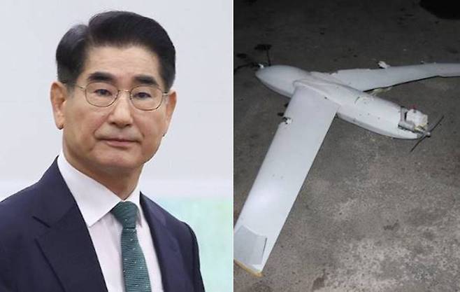 김용현 전 국방부장관과 추락한 무인기 사진. 연합뉴스