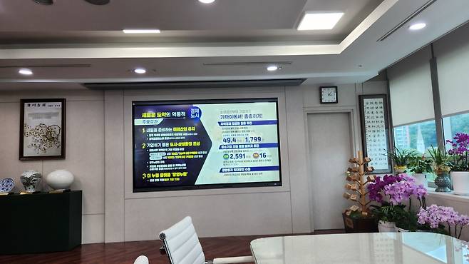 광주시장 집무실의 전광판. 오상도 기자