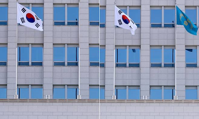 제21대 이재명 대통령 임기가 시작된 지난 6월4일 서울 용산 대통령실 청사에 봉황기가 게양돼 있다. 왼쪽은 이날 봉황기 게양 전의 모습. 대통령실통신사진기자단