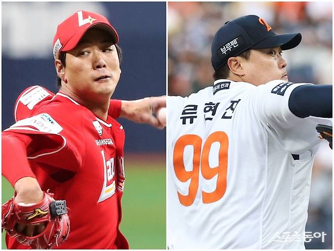 한국야구를 대표한 좌완 에이스 류현진(오른쪽)과 김광현의 통산 첫 선발 맞대결 가능성이 커지고 있다. 사진제공｜SSG 랜더스·한화 이글스