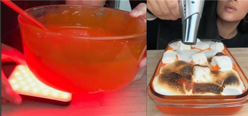 물엿에 빨간색 식용 색소를 넣고, 마시멜로 겉을 태워 '용암'을 만드는 모습 [틱톡 이용자 'sophiesophss' 화면 캡처]