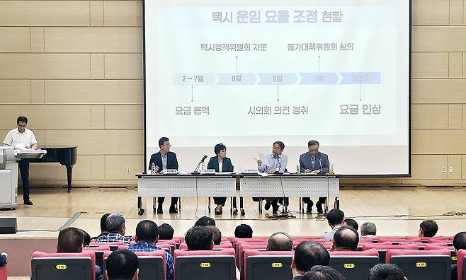 광주시 택시요금 현실화 시민 공청회가 22일 북구 일곡동 광주교통문화연수원 대강당에서 열려 강기장 광주시장이 자유토론을 하고 있다./안재영 기자