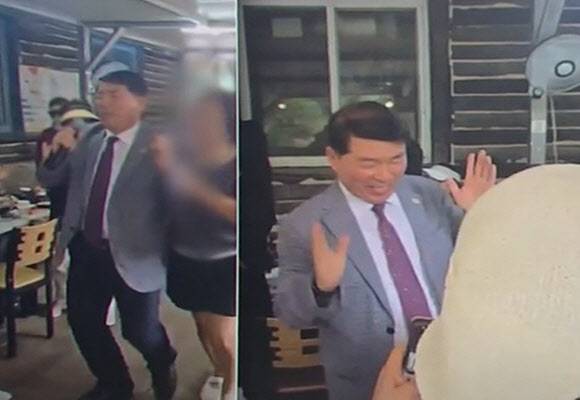 구리시에 집중호우에 따른 홍수 피해가 발생한 시각, 야유회에 참석해 노래를 부르며 춤추고 있는 백경현 구리시장의 모습. (사진=SBS 캡처)