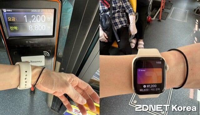 (사진 왼쪽부터) 애플 '애플워치'에 등록된 '애플페이 티머니' 카드를 통해 서울시내 버스를 탑승한 뒤 화면, 태그 이후 애플워치에 표시된 티머니 잔액.