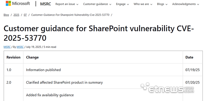 마이크로소프트가 19일(현지시간) 블로그를 통해 '쉐어포인트'의 해킹 공격에 대한 취약성과 보안 업데이트를 권고하는 고객 지침을 게시했다. [캡처=MS 홈페이지]