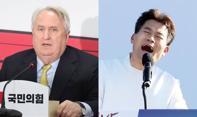 (왼쪽) 인요한 국민의힘 당시 혁신위원장이 2023년 12월7일 서울 여의도 당사에서 열린 마지막 전체회의에서 발언하고 있다. (오른쪽) 전직 한국사 강사 전한길씨가 2월8일 오후 동대구역 광장에서 열린 세이브코리아 주최 국가비상기도회에서 발언하고 있다. 강창광 선임기자 chang@hani.co.kr, 연합뉴스