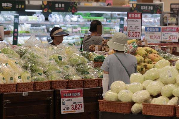 22일 서울 시내 대형마트 채소 판매대에서 시민들이 장을 보고 있다. 지난달 농축산물을 중심으로 생산자물가가 소폭 상승했다. 연합뉴스