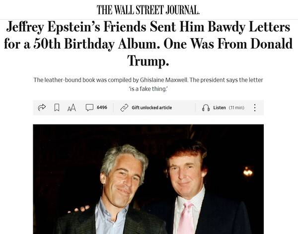 ▲ 엡스타인과 트럼프 대통령이 가까운 관계였음을 보여주는 지난 17일 WSJ 보도.