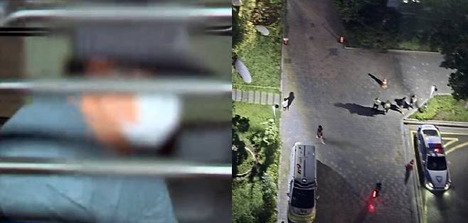 아들에 사제총 발사한 60대 남성 검거, 총기 사건 현장에 출동한 경찰과 소방 당국. [MBC뉴스· 연합뉴스]