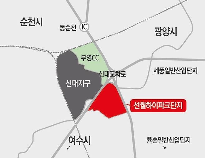순천과 여수, 광양지역 가운데에 위치한 선월지구 위치도.