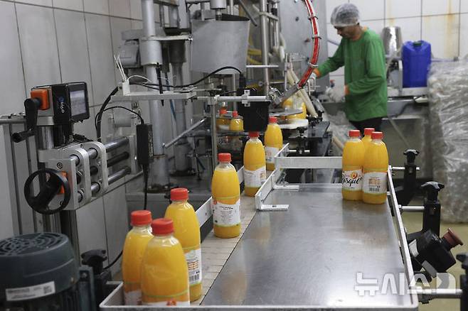 [리메이라=AP/뉴시스]브라질이 쥬스 공장에서 병입되는 신선 오렌지 주스. 2025.7.22.