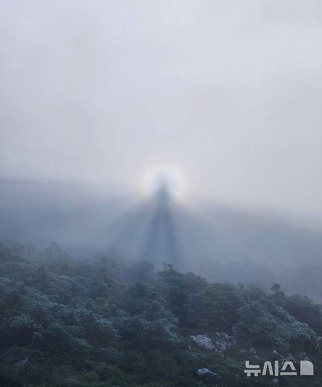 [제주=뉴시스] 22일 오전 7시52분쯤 한라산 정상인 백록담분화구에서 그림자 주변으로 신비한 원형의 고리가 만들어지는 '브로켄현상'이 나타났다. (사진=독자 김경현씨 제공) 2025.07.22. photo@newsis.com