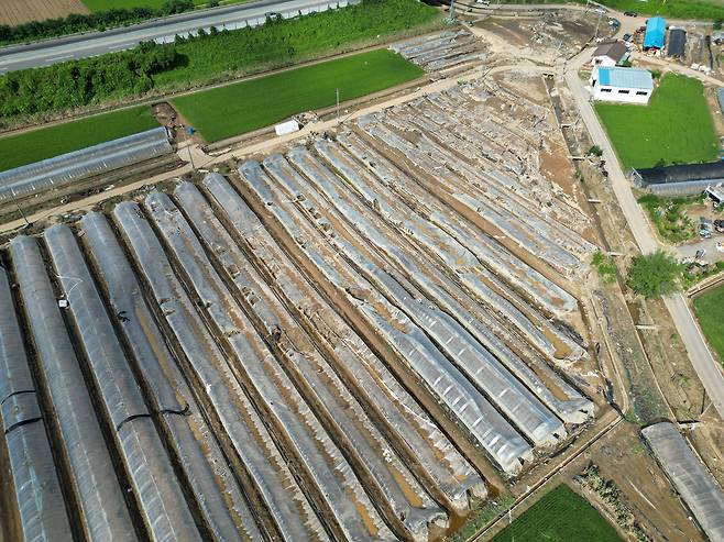 22일 충남 예산군 삽교읍에 있는 비닐하우스가 집중호우 피해로 무너져 있다. 연합뉴스