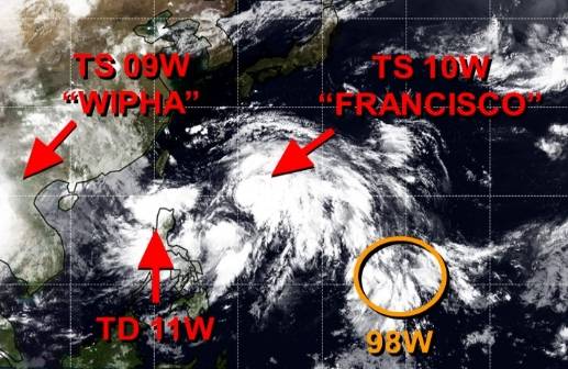 왼쪽부터 미국 합동태풍경보센터(JTWC, Joint Typhoon Warning Center) 감시 6호 태풍 위파, TD 11W(8호 태풍 꼬마이 발달 전망), 7호 태풍 프란시스코, 98W 열대요란(9호 태풍 크로사 발달 가능성). JTWC 홈페이지