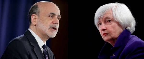 벤 버냉키(왼쪽)와 재닛 옐런 전 미 연방준비제도 의장./AP 연합뉴스