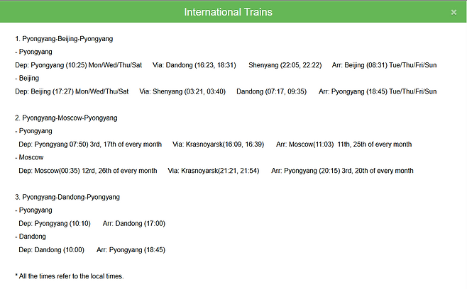 A screenshot from North Korea’s state-run tourism website  shows the newly released schedule for round-trip train services between Pyongyang and Beijing, as well as Pyongyang and Dandong as of July 16. (DPR Korea Tour website)