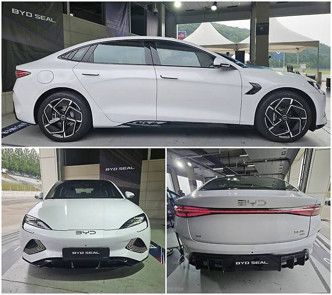 BYD 스포츠 중형 세단 ‘씰’ 측면(위쪽부터 시계방향), 후면, 전면. 서재근 기자