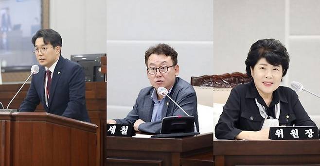 [수원=뉴시스] 수원시의회가 23일 열린 제394회 임시회에서 제12대 후반기 제2기 원 구성을 완료했다. 사진은 최원용(왼쪽부터) 의회운영위원회 위원장, 오세철 예산결산특별위원회 위원장, 오혜숙 윤리특별위원회 위원장. (사진=수원시의회 제공) 2025.07.23. photo@newsis.com *재판매 및 DB 금지