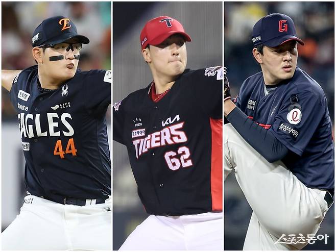 KT 마무리 박영현의 데뷔 첫 구원왕 도전이 순탄치만은 않을 수 있다. 경쟁자인 한화 김서현, KIA 정해영, 롯데 김원중(왼쪽부터)이 매섭게 추격해오고 있기 때문이다. 사진제공｜한화 이글스·KIA 타이거즈·롯데 자이언츠
