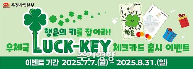 우정사업본부는 지난 7월 7일 청년층의 소비 트렌드를 반영한 ‘우체국 럭키(LUCK-KEY)’ 체크카드를 출시했다. 우정사업본부 제공