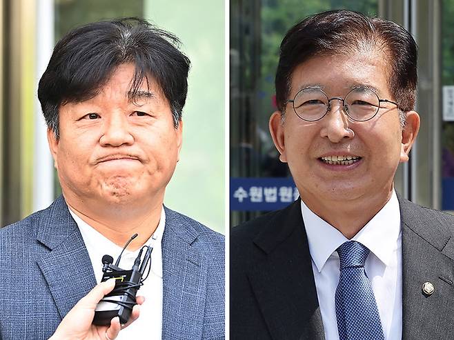 (왼쪽)딸 명의 편법대출 및 재산축소·페이스북 허위사실 글 게시 등 혐의로 기소된 더불어민주당 양문석 의원이 24일 경기도 수원시 영통구 수원고등법원에서 열린 항소심 선고공판을 마치고 나오고 있다. (오른쪽)지난해 4·10 총선에서 재산을 축소 신고한 혐의로 기소된 더불어민주당 이상식 의원이 같은 날 수원고등법원에서 열린 항소심 선고공판을 마치고 나오고 있다. 연합뉴스