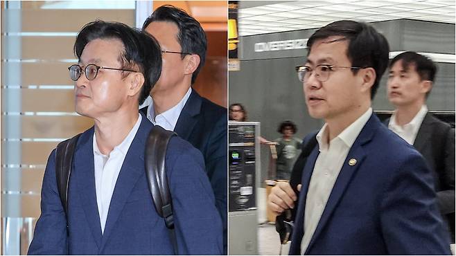 23일 오전 김정관(왼쪽) 산업통상자원부 장관이 인천공항에서 대미 통상 협상을 위해 출국하고 있다. 미국과 ‘2+2 통상 협의’에 나서는 여한구(오른쪽) 통상교섭본부장도 22일(현지 시각) 미국 워싱턴DC 덜레스 국제공항에 도착했다. 미·일 관세 협상이 ‘깜짝 타결’된 가운데 우리 정부도 이번 주 미국과 본격적으로 관세 협상을 벌인다./박성원 기자·연합뉴스
