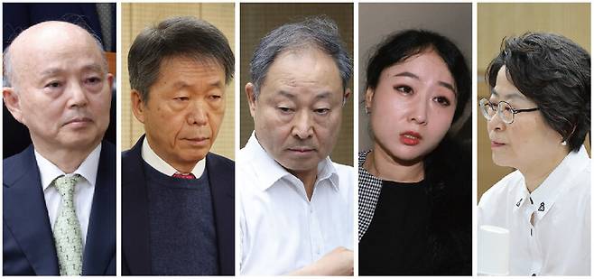 지난 2월10일 윤석열 방어권 보장 안건에 찬성해 서미화 민주당 의원으로부터 ‘내란 5적’으로 비판받는 인권위원들. 왼쪽부터 안창호 위원장, 김용원 상임위원, 한석훈·이한별·강정혜 위원. 김영원 기자 forever@hani.co.kr, 정용일 선임기자 yongil@hani.co.kr