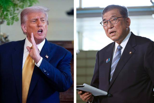 도널드 트럼프 미국 대통령이 22일 워싱턴 백악관 이스트룸에서 열린 공화당 의원 리셉션에서 발언하고 있다(왼쪽 사진). 오른쪽 사진은 이튿날 트럼프 대통령이 "일본과 대규모 무역 합의를 끝냈다"고 발표한 직후 이시바 시게루 일본 총리가 도쿄 총리 관저에서 취재진 질문에 답하는 모습. 워싱턴·도쿄=UPI·EPA 연합뉴스