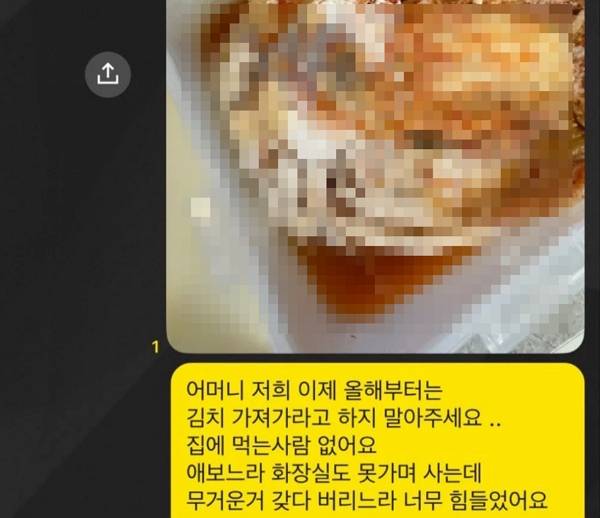 시어머니가 준 김치를 먹지 않아 더 이상 받고 싶지 않다는 며느리의 하소연이 전해졌다. 사진은 몇 년째 김장 김치를 보내주는 시어머니에게 며느리가 보낸 메시지. /사진=온라인커뮤니티 캡처