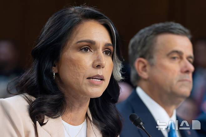 [워싱턴=AP/뉴시스] 도널드 트럼프 행정부가 집권 1기(2017~2021년) 당시 불거졌던 러시아의 미국 대선 개입 의혹인 '러시아 게이트'를 버락 오바마 전 대통령의 '정치 공작'으로 규정하며 공세에 나섰다. 사진은 털시 개버드 미 국가정보국(DNI) 국장이 지난 3월 25일 미 상원 정보위원회 청문회에서 발언하는 모습. 2025.07.24.