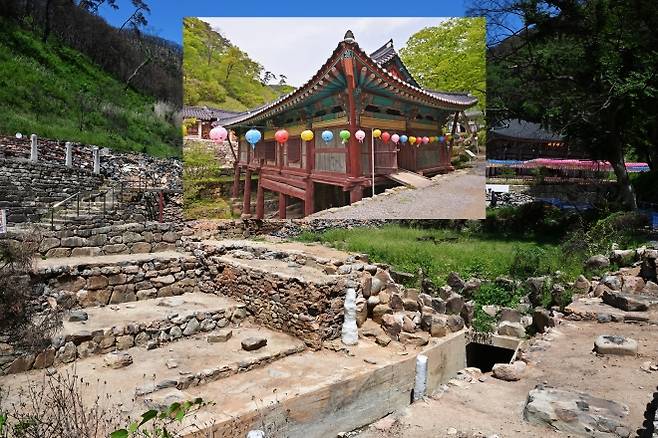 화마로 불탄 경북 의성 고운사의 가운루. 현재는 토대만 남았다. 작은 사진은 소실되기 전 가운루 모습이다. 서울신문 포토라이브러리.
