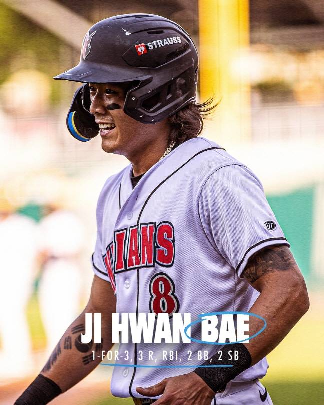 배지환이 23일 톨레도전에서 미소를 짓고 있다. /사진=인디애나폴리스 인디언스 공식 SNS