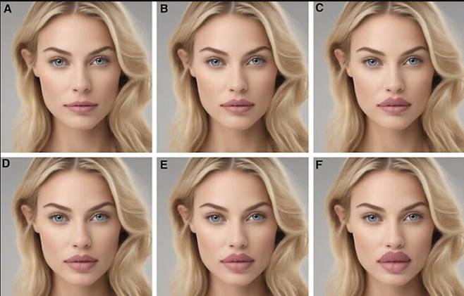 상하 입술 균형에서 볼 때 이미지  B가 가장 이상적 입술. 이 입술은 윗입술과 아랫입술의 비율(U/L)이 0.618:1에서 1:1 사이로, 상하 입술이 균형 있게 조화를 이루는 형태다. [사진=Plastic and Reconstructive Surgery – Global Open]