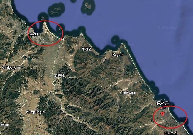 북한 강원도 원산 갈마해안지구와 통천군 해수욕장 위치. (구글어스 갈무리)