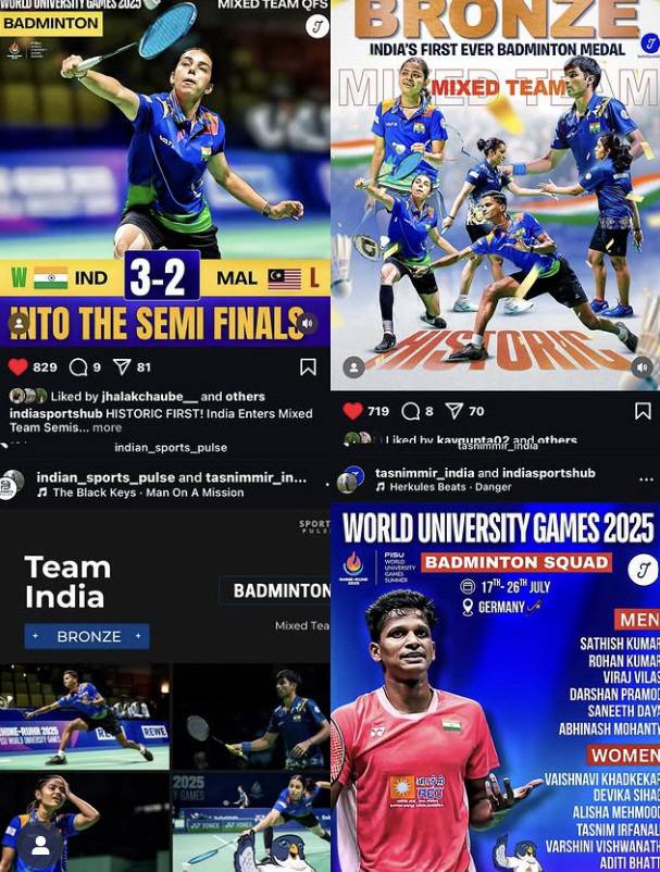 인도 배드민턴 대학선발팀이 하계 U대회에서 동메달을 딴 소식을 전한 현지 매체들. 사진출처=알리사 칸 인스타그램