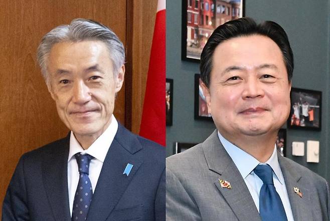 야마다 시게오(山田重夫) 주미 일본 대사(왼쪽)와 조현동 전 주미 한국 대사. /외무성·외교부