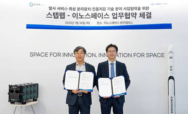 스텝랩-이노스페이스 대표이사가 업무협약(MOU) 체결 후 기념사진을 촬영하고 있다. 이노스페이스 제공