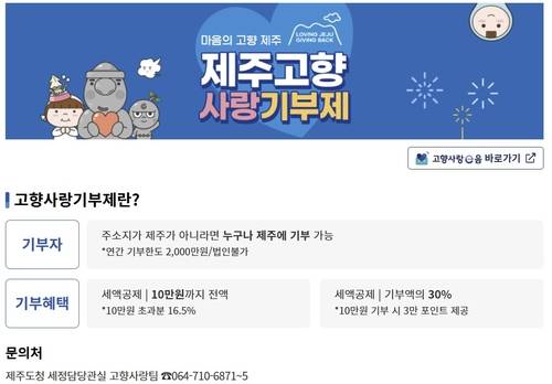 제주 고향사랑기부제 홍보 페이지 [제주도 홈페이지 캡처. 연합뉴스]